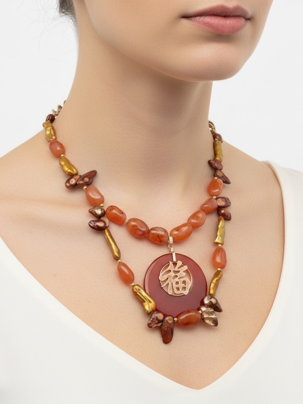 Pearl, carnelian artisan Necklace - Women Jewelry